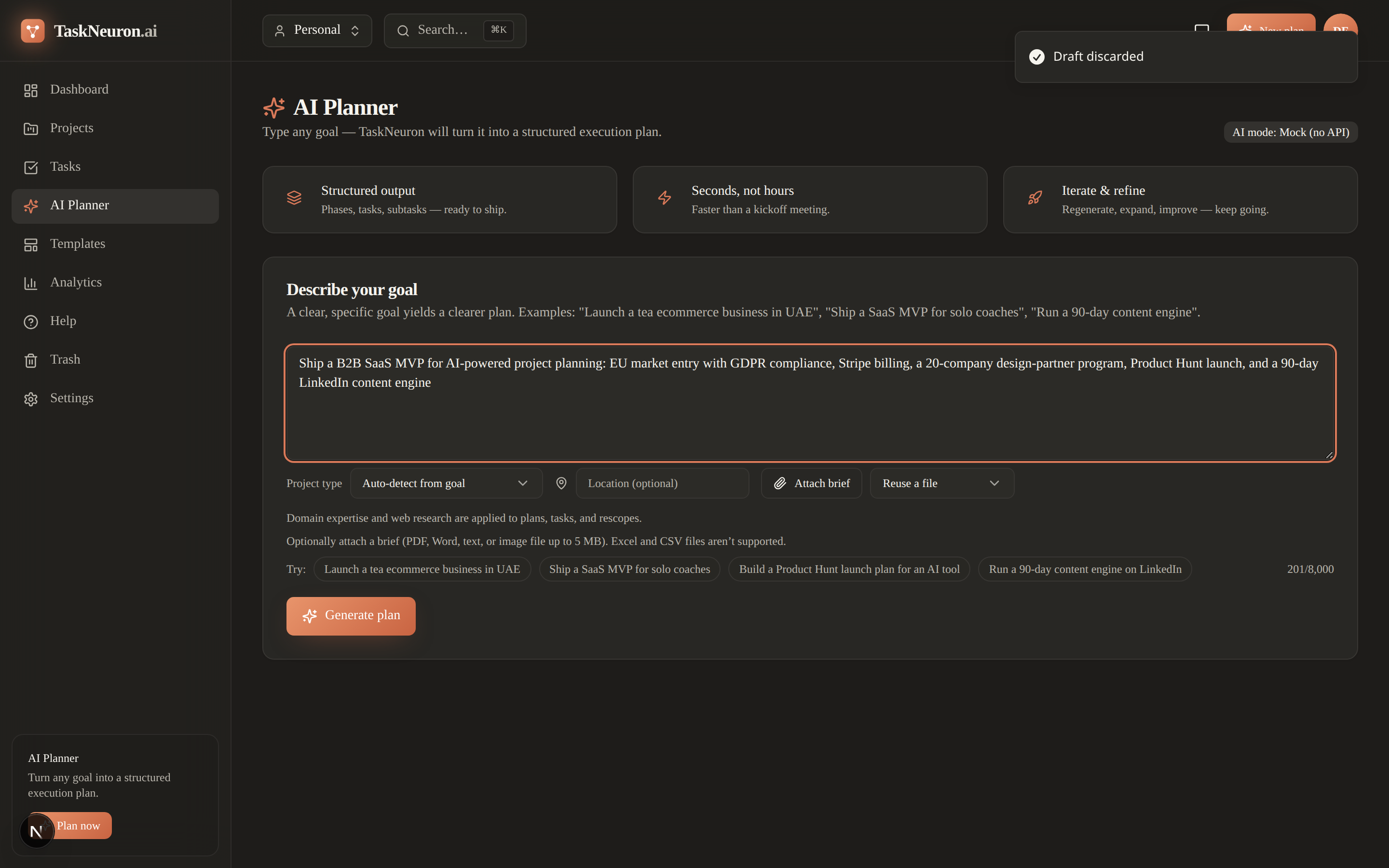 TaskNeuron AI Planner with a goal input and example prompts