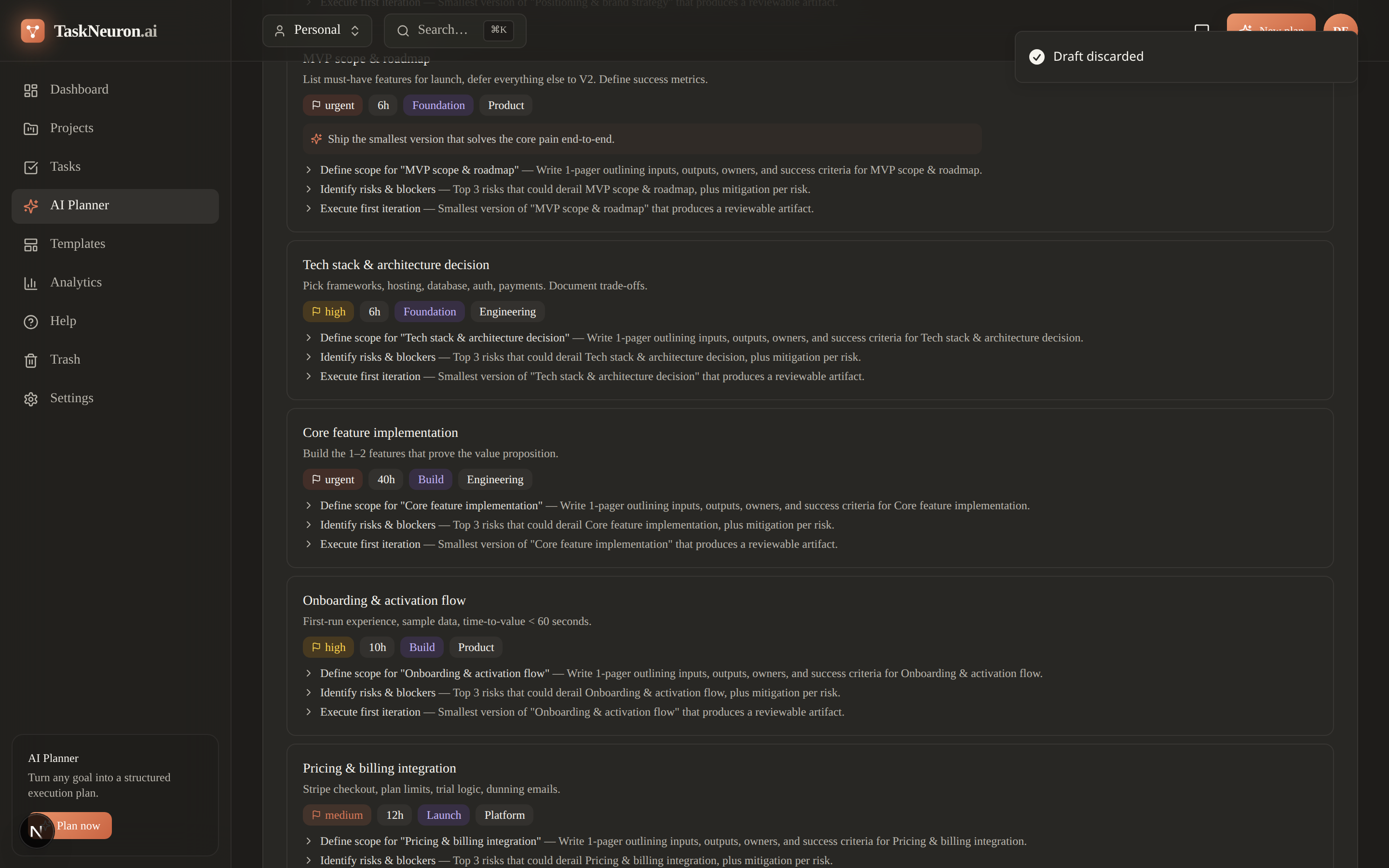 Generated project roadmap with phases, workstreams, and prioritized tasks