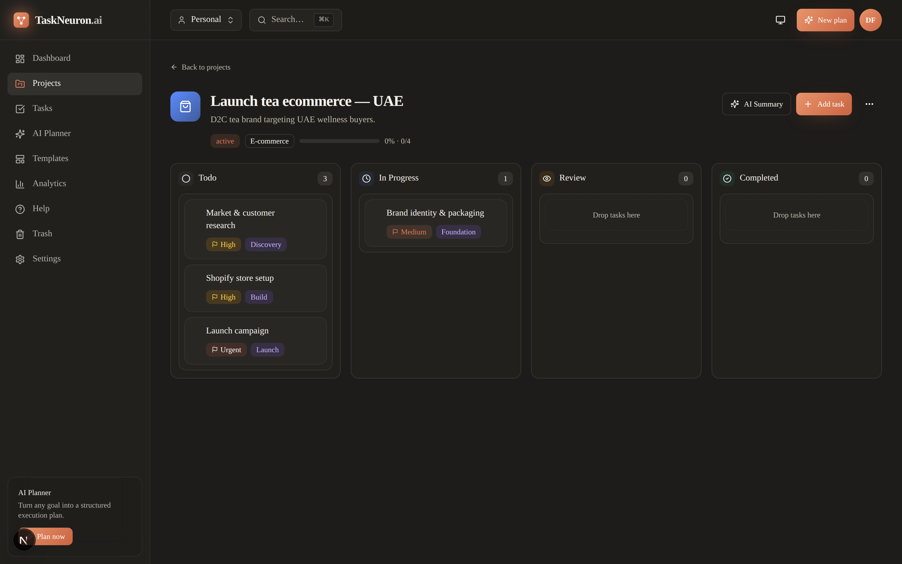 Kanban task board with todo, in progress, review, and done columns